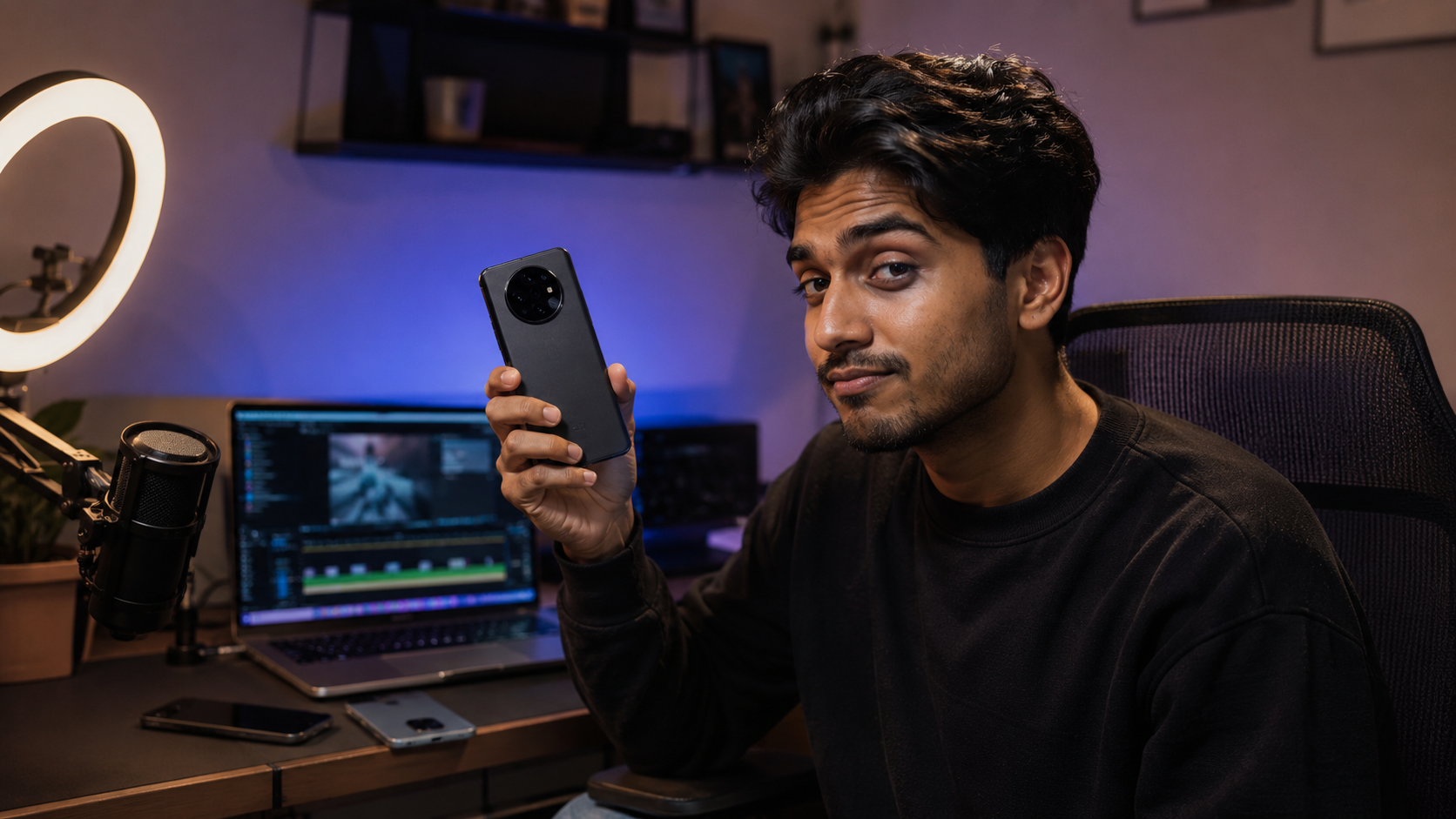 A content creator filming with an iPhone on a tripod in a studio setup with ring light